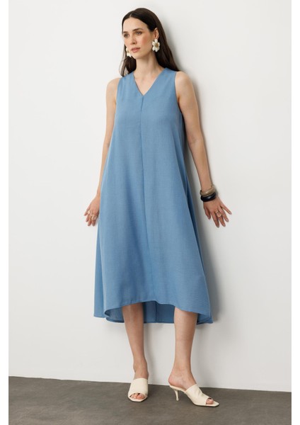 Kolsuz V Yaka Rahat Kesim Elbise-Mavi indirimleri