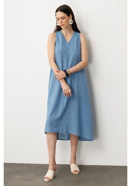 Kolsuz V Yaka Rahat Kesim Elbise-Mavi