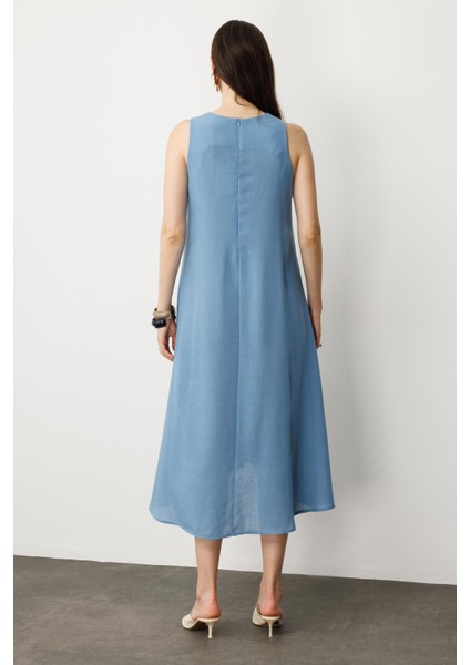 Kolsuz V Yaka Rahat Kesim Elbise-Mavi