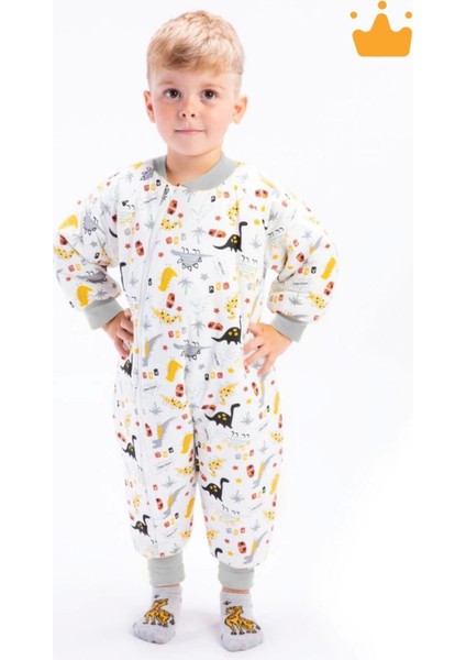 2-9 Yaş 2.5 Tog %100 Pamuk Astarlı Premium Kalite Elyaf Dolgulu Çocuk Uyku Tulumu Gri Dinozor 23504