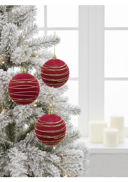 Kadife Yılbaşı Topu – Altın Simli Çam Ağacı Süsü Bordo 8 cm 3'lü