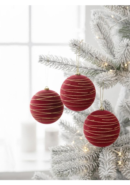 Kadife Yılbaşı Topu – Altın Simli Çam Ağacı Süsü Bordo 10 cm 3'lü