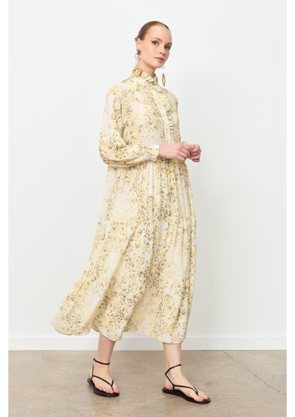 Farbela Detaylı Uzun Şifon Elbise-Sarı