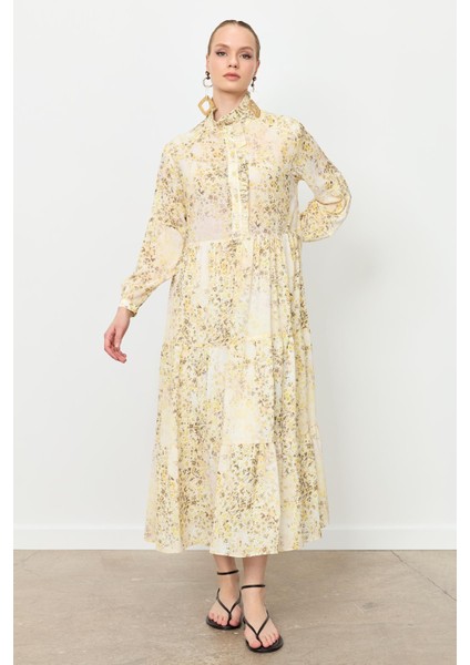 Farbela Detaylı Uzun Şifon Elbise-Sarı modelleri