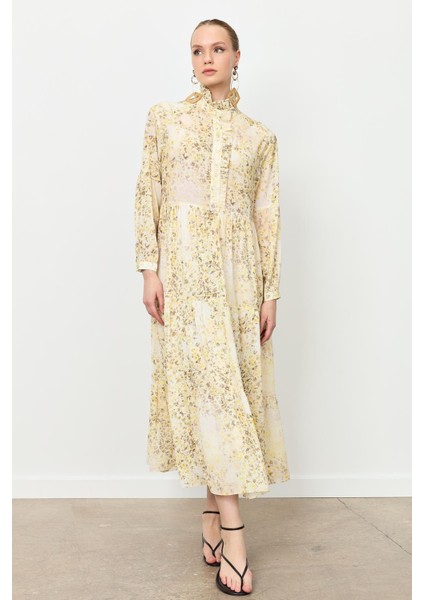 Farbela Detaylı Uzun Şifon Elbise-Sarı indirimleri