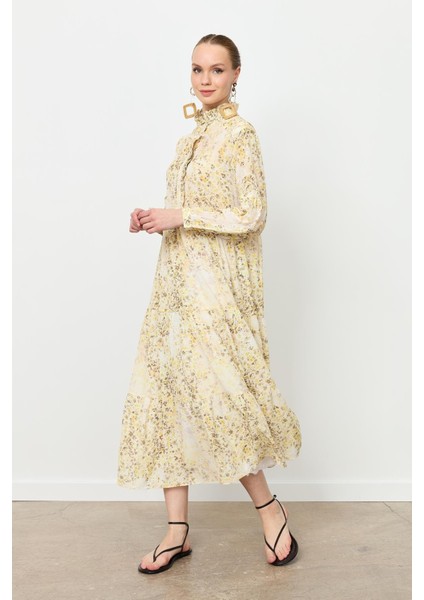 Farbela Detaylı Uzun Şifon Elbise-Sarı