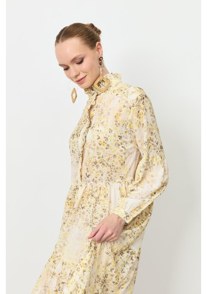 Farbela Detaylı Uzun Şifon Elbise-Sarı