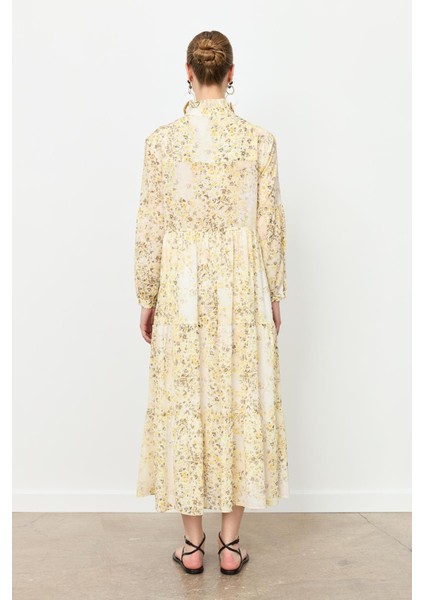 Farbela Detaylı Uzun Şifon Elbise-Sarı