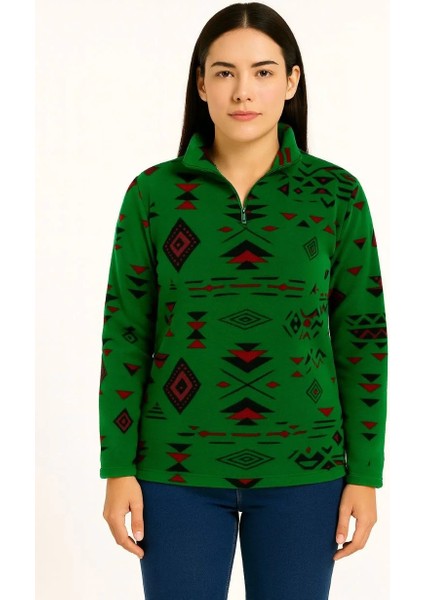 Kadın Yarım Fermuarlı Desenli Polar Sweat Tribal Etnik Desen Yakalı, Uzun Kollu, Oversize Rahat Kalıp - Yeşil