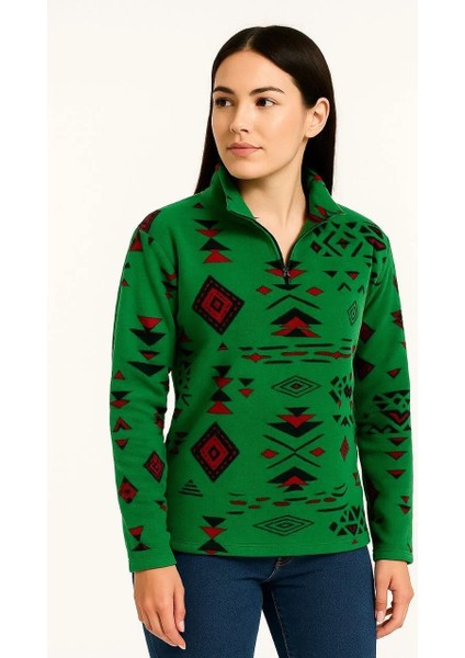 Kadın Yarım Fermuarlı Desenli Polar Sweat Tribal Etnik Desen Yakalı, Uzun Kollu, Oversize Rahat Kalıp - Yeşil modelleri