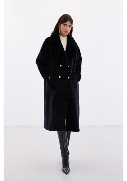 Düğme Detaylı Uzun Kaban - Siyah modelleri