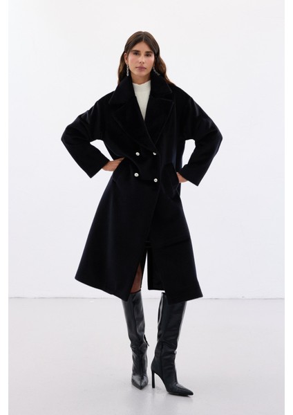 Düğme Detaylı Uzun Kaban - Siyah indirimleri