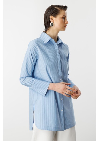 Çizgi Desen Pamuklu Uzun Gömlek-Mavi