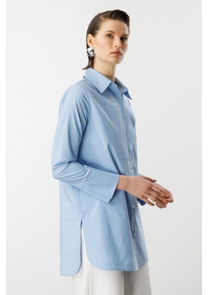Çizgi Desen Pamuklu Uzun Gömlek-Mavi modelleri