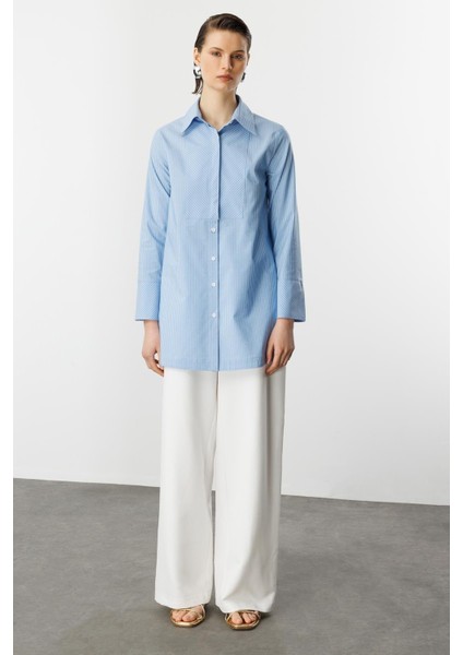 Çizgi Desen Pamuklu Uzun Gömlek-Mavi fırsatları