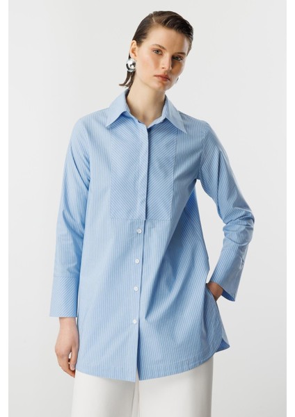 Çizgi Desen Pamuklu Uzun Gömlek-Mavi indirimleri