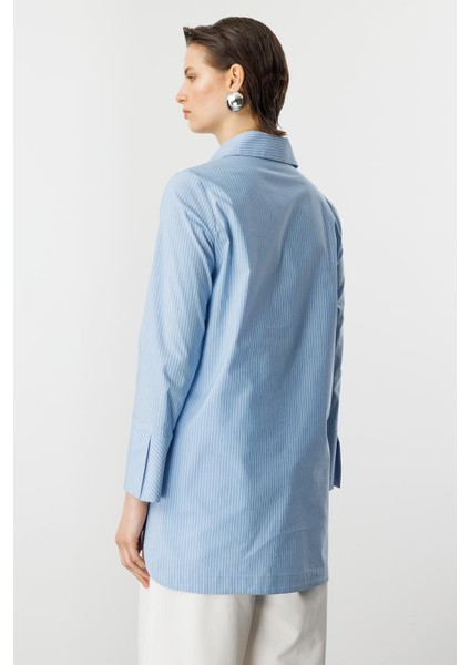 Çizgi Desen Pamuklu Uzun Gömlek-Mavi