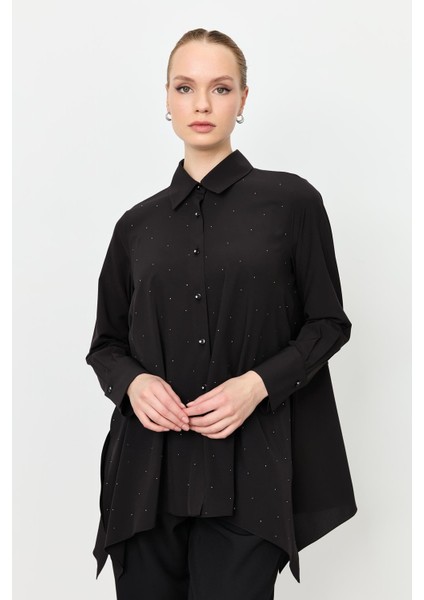 Taş Düğme Asimetrik Kesim Gömlek-Siyah
