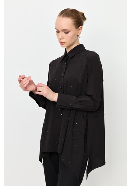 Taş Düğme Asimetrik Kesim Gömlek-Siyah fiyatları