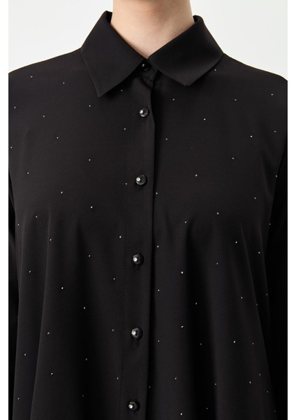 Taş Düğme Asimetrik Kesim Gömlek-Siyah fırsatları