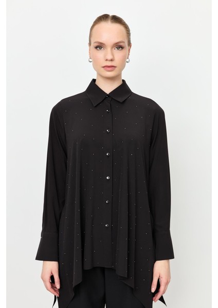 Taş Düğme Asimetrik Kesim Gömlek-Siyah indirimleri