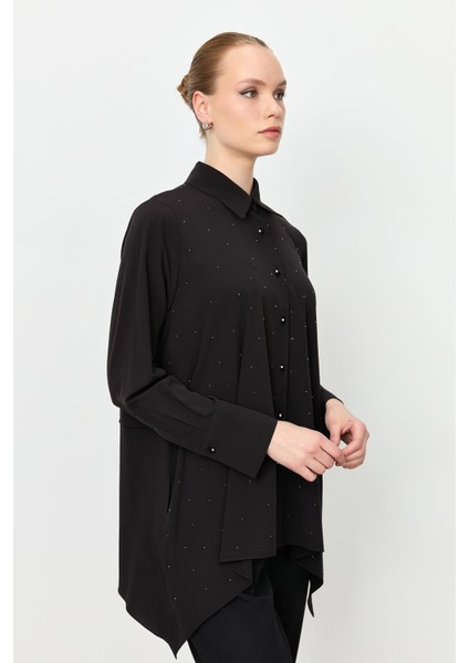 Taş Düğme Asimetrik Kesim Gömlek-Siyah