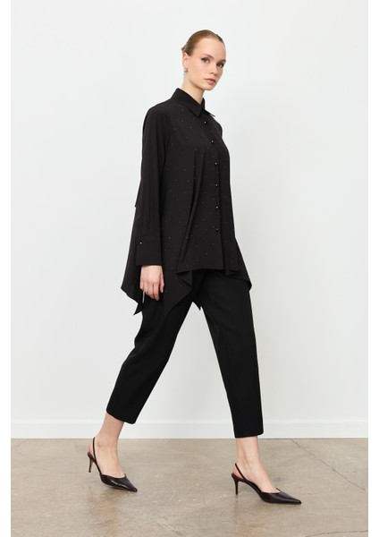 Taş Düğme Asimetrik Kesim Gömlek-Siyah