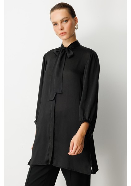 Kendinden Desenli Saten Tunik Gömlek-Siyah modelleri