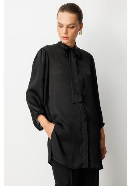 Kendinden Desenli Saten Tunik Gömlek-Siyah indirimleri