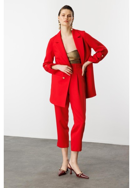 Katlanabilir Kol Detaylı Uzun Ceket-Kırmızı