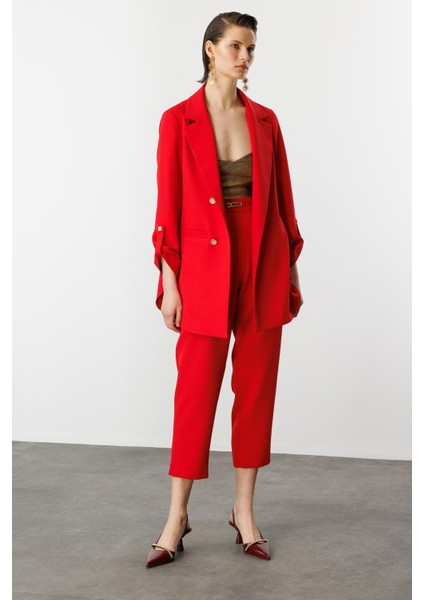 Katlanabilir Kol Detaylı Uzun Ceket-Kırmızı fiyatları