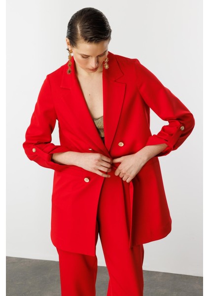 Katlanabilir Kol Detaylı Uzun Ceket-Kırmızı fırsatları