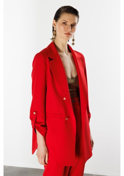 Katlanabilir Kol Detaylı Uzun Ceket-Kırmızı indirimleri