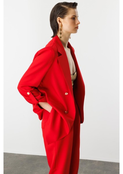 Katlanabilir Kol Detaylı Uzun Ceket-Kırmızı