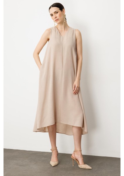 Kolsuz V Yaka Rahat Kesim Elbise-Taş