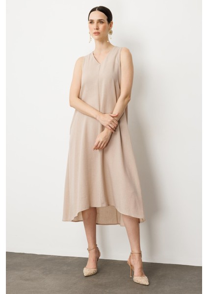 Kolsuz V Yaka Rahat Kesim Elbise-Taş