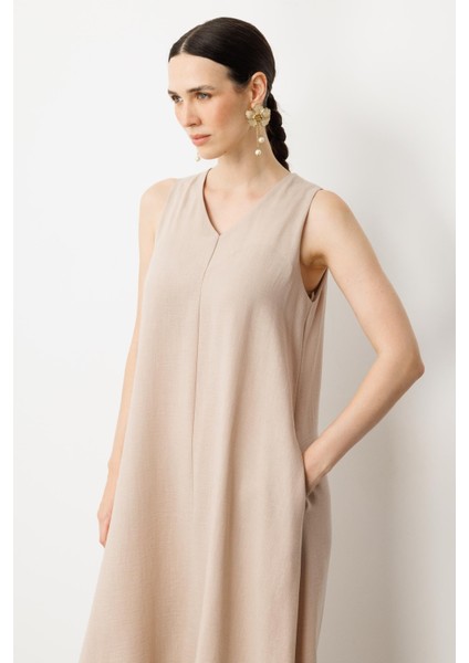 Kolsuz V Yaka Rahat Kesim Elbise-Taş