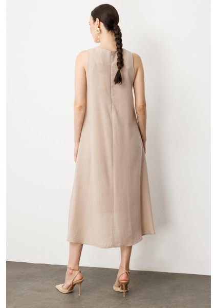 Kolsuz V Yaka Rahat Kesim Elbise-Taş