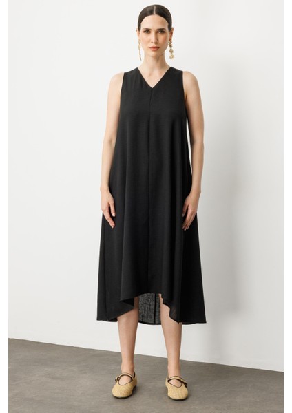 Kolsuz V Yaka Rahat Kesim Elbise-Siyah modelleri