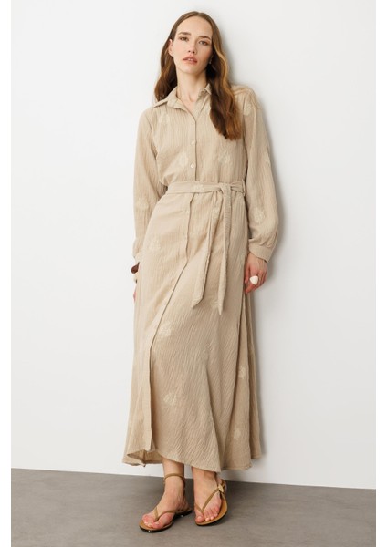 Işleme Detay Kuşaklı Uzun Elbise-Bej