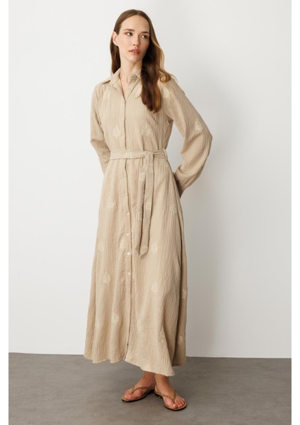 Işleme Detay Kuşaklı Uzun Elbise-Bej indirimleri