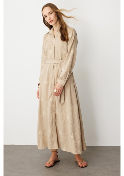 Işleme Detay Kuşaklı Uzun Elbise-Bej