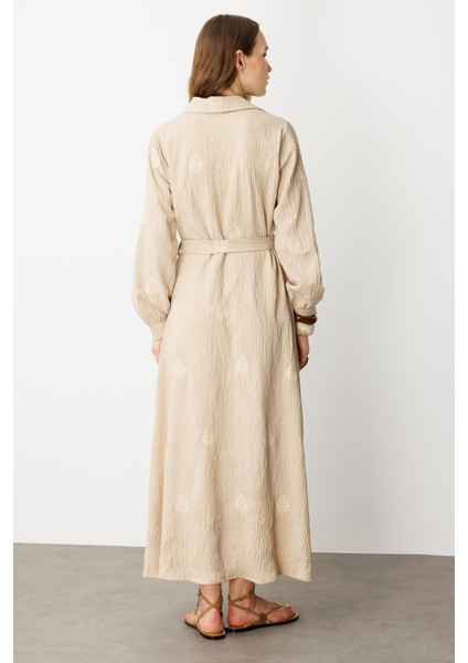 Işleme Detay Kuşaklı Uzun Elbise-Bej