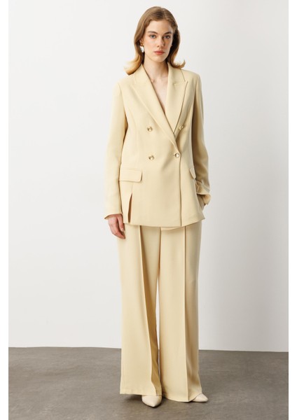 Fular Detaylı Kruvaze Ceket-Sarı