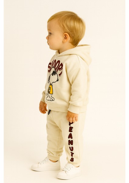 Snoopy Peanuts Baskılı Kapüşonlu Çocuk Alt Üst Eşofman Takım Ekru modelleri