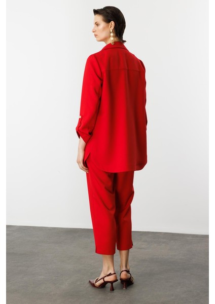 Katlanabilir Kol Detaylı Uzun Ceket-Kırmızı