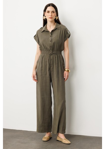 Önü Düğmeli Kısa Kol Tulum-Haki