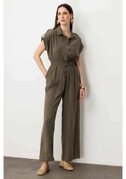 Önü Düğmeli Kısa Kol Tulum-Haki fiyatları