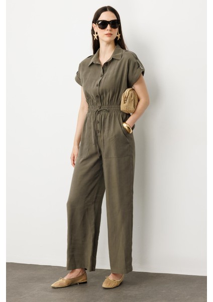 Önü Düğmeli Kısa Kol Tulum-Haki modelleri