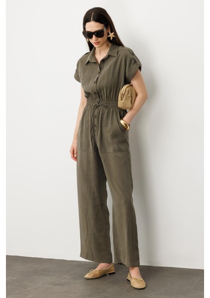 Önü Düğmeli Kısa Kol Tulum-Haki fırsatları